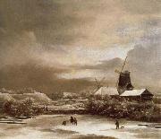 Jacob van Ruisdael Winter landscape with two windmill painting